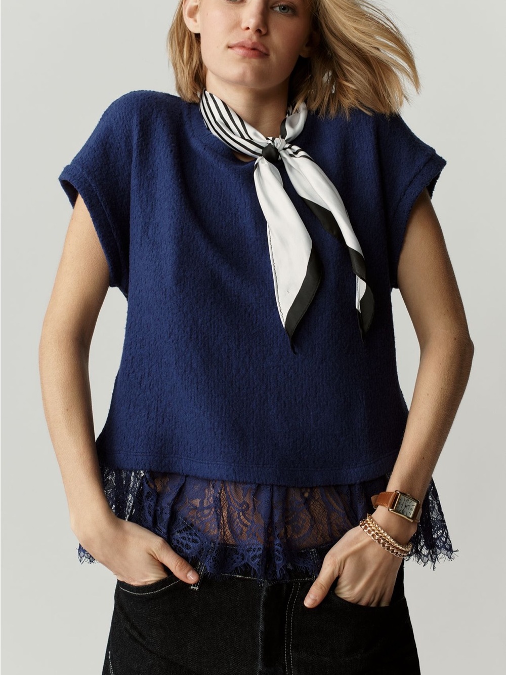 Maeve Ruffled Lace Tee in Beacon Blue sz XL
